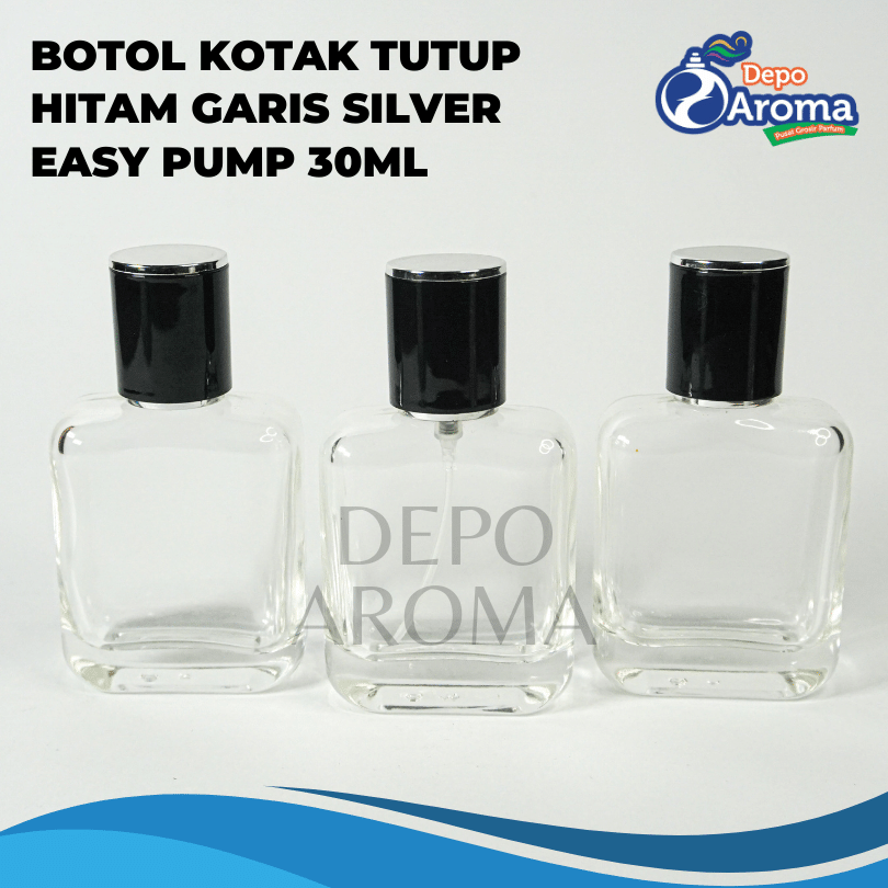 Botol Kotak 30ml Easypump Ttp Hitam Garis Silver